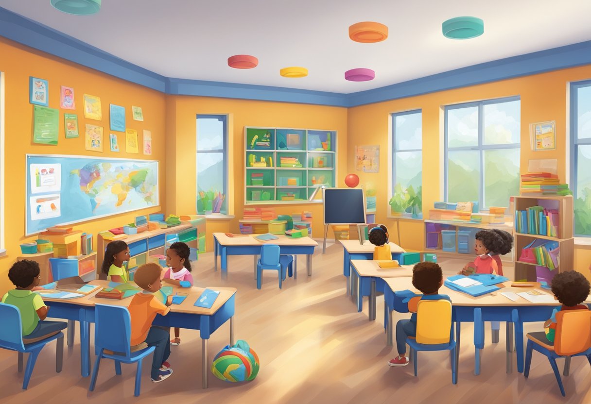 A colorful classroom with diverse educational tools and interactive activities scattered across the room, engaging primary students in hands-on learning experiences