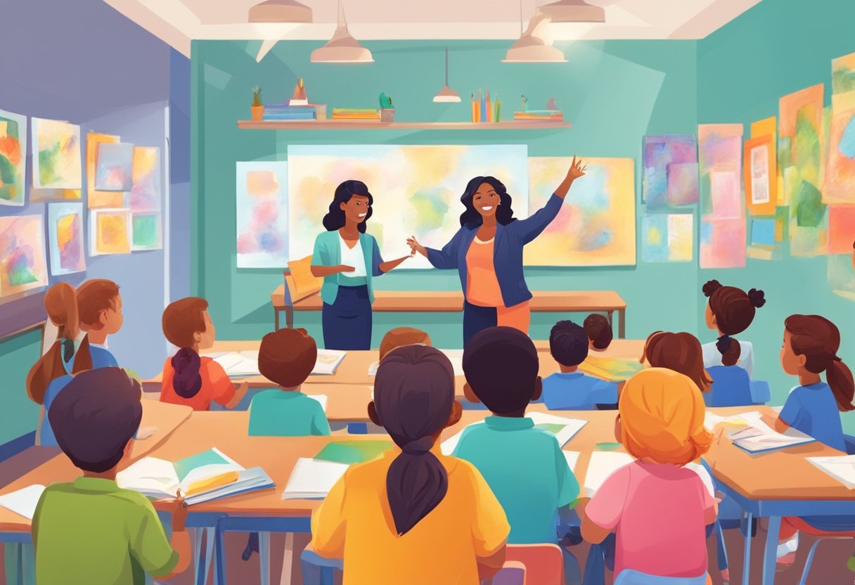 Educational Art Resources for Primary Teachers: Nurturing Creativity in the Classroom Educational Art Resources,art resources,resources,primary education LearningMole A colorful classroom with art supplies, books, and posters on the walls. A teacher demonstrates a creative project to a group of engaged primary students