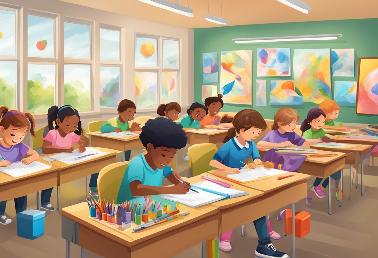 Educational Art Resources for Primary Teachers: Nurturing Creativity in the Classroom Educational Art Resources,art resources,resources,primary education LearningMole A classroom setting with primary school students engaging in various art activities, surrounded by colorful art supplies and multimedia tools