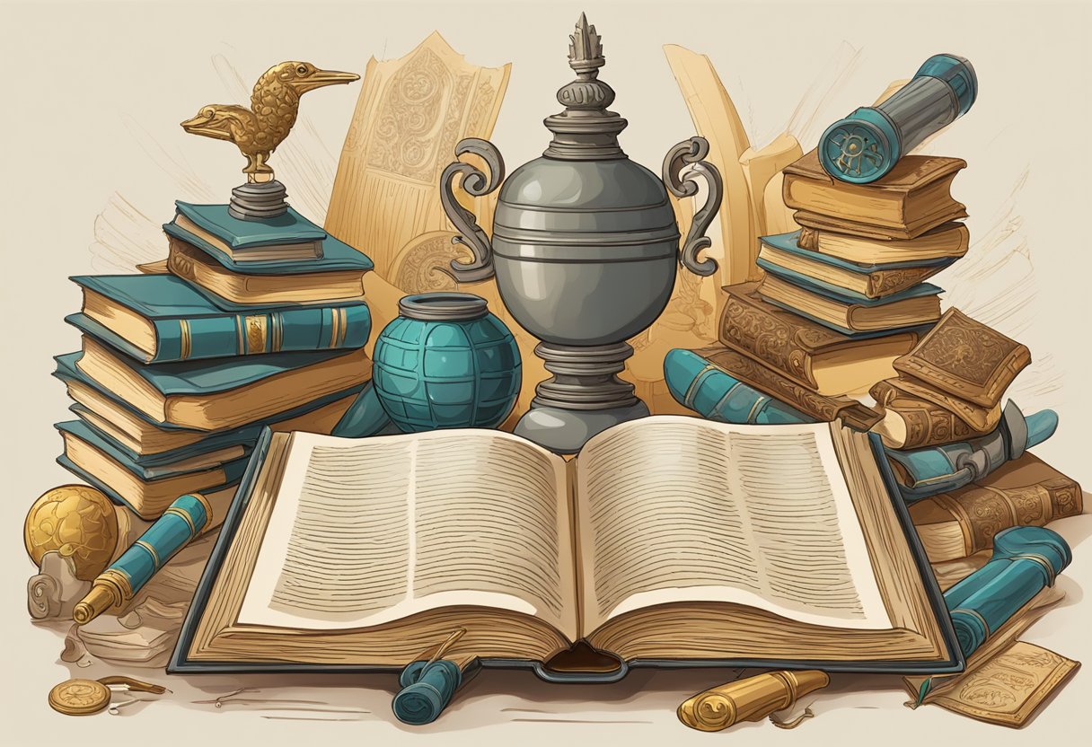 An open book surrounded by ancient artifacts and scrolls
