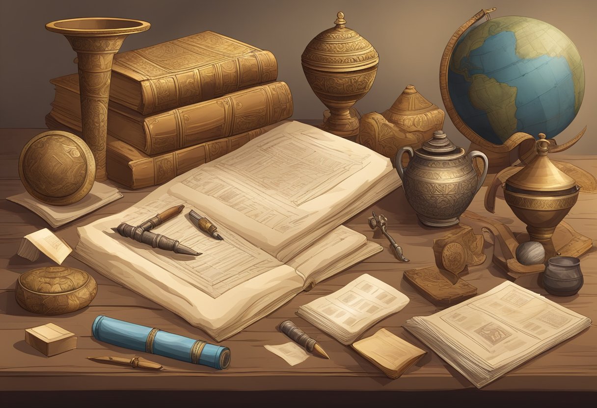 A collection of ancient artifacts and historical documents arranged on a table for educational use