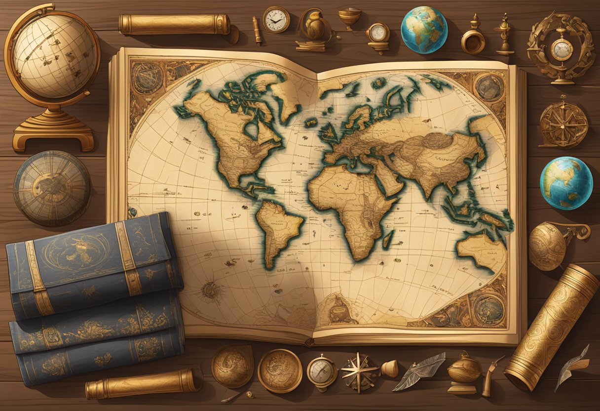 A collection of ancient artifacts, maps, and books arranged on a wooden table, with a globe and scrolls in the background