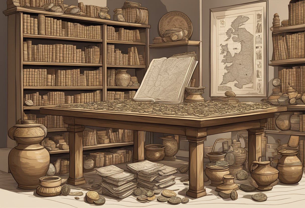 A table with various artifacts: ancient coins, pottery shards, maps, and scrolls. A bookshelf in the background holds reference books on ancient civilizations