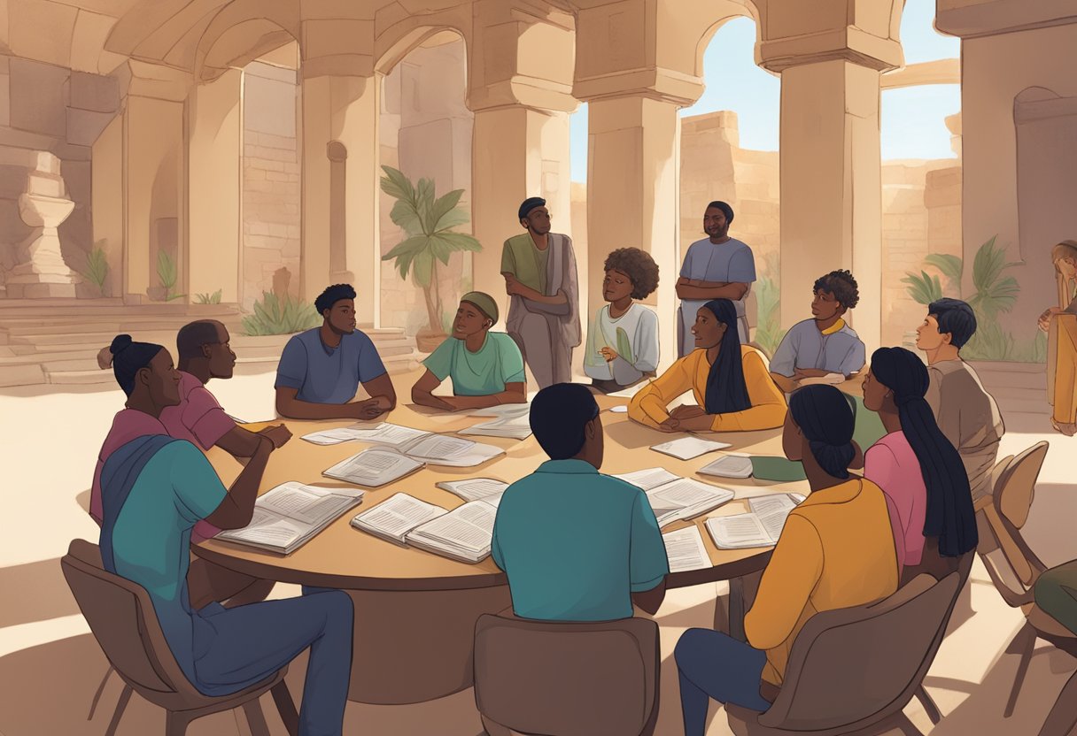 A group of diverse students sit around a table, engaged in discussion while surrounded by resource packs on ancient history