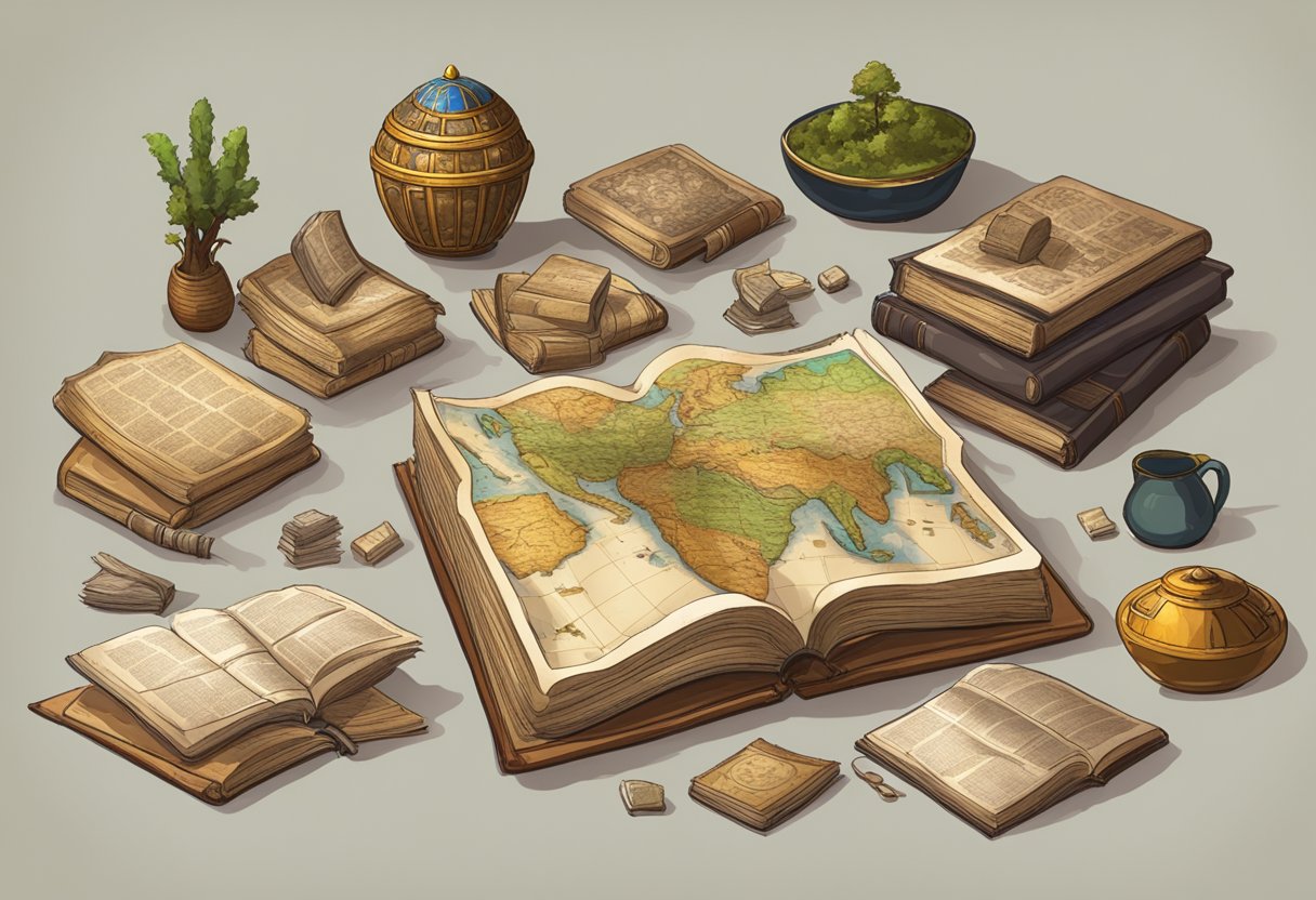 A table with open resource packs, containing books, maps, and artifacts related to ancient history