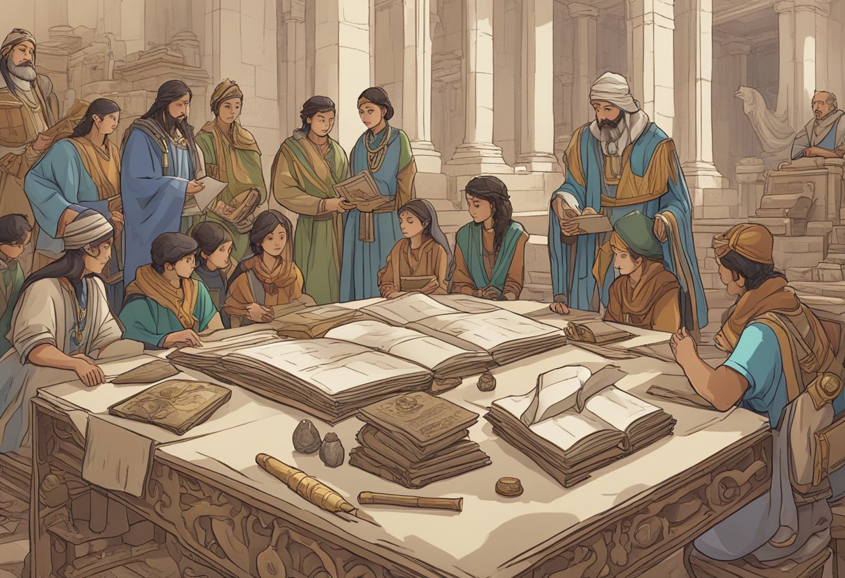 An open resource pack surrounded by ancient artifacts and scrolls, with a group of parents and guardians engaging in discussion with a teacher