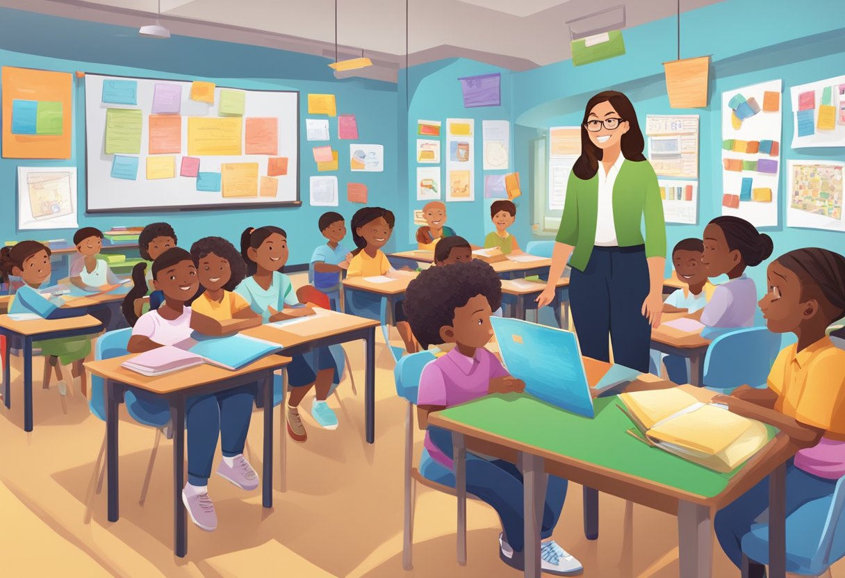 A teacher surrounded by diverse ESL teaching materials, including flashcards, books, and digital resources, in a colorful and engaging classroom setting