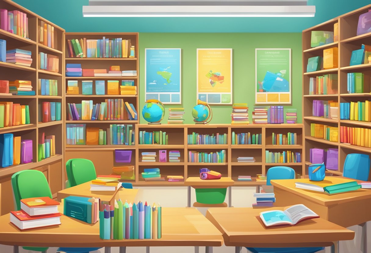 A colorful classroom with ESL teaching materials, including flashcards, books, and interactive games, arranged neatly on shelves and tables