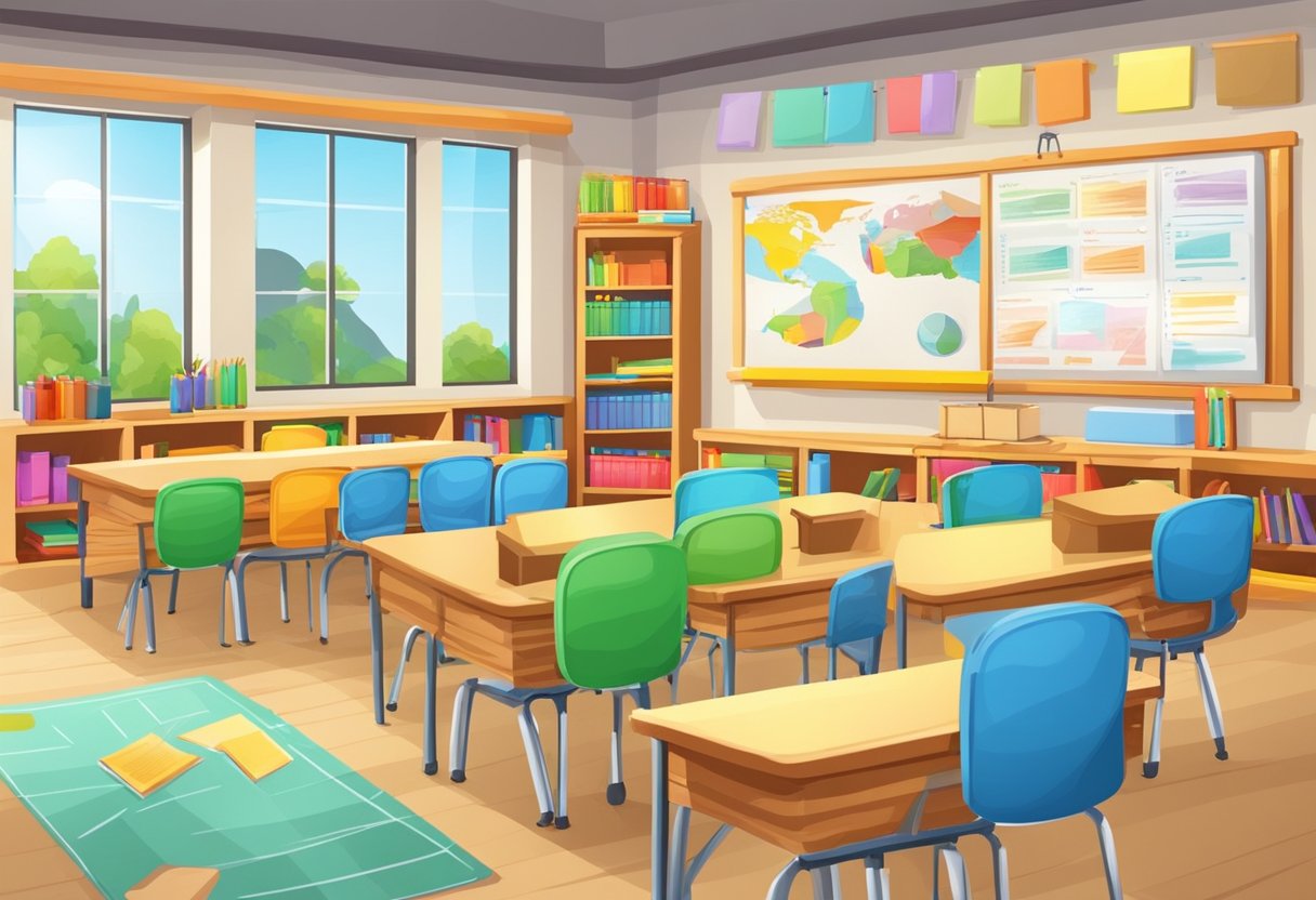 A colorful classroom with shelves of teaching materials and resources. A whiteboard displays ESL lesson plans for primary school teachers