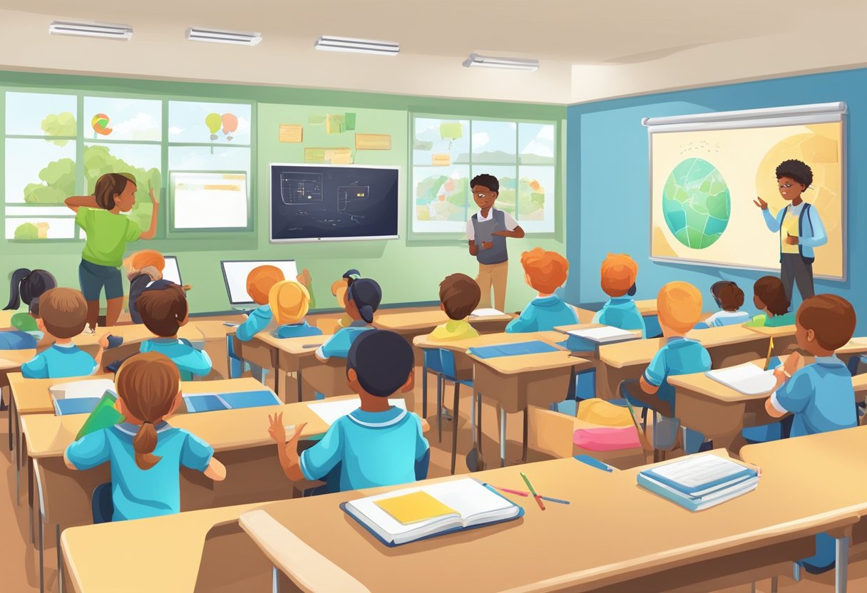 A classroom with young students using tablets and interactive whiteboards to learn English as a second language