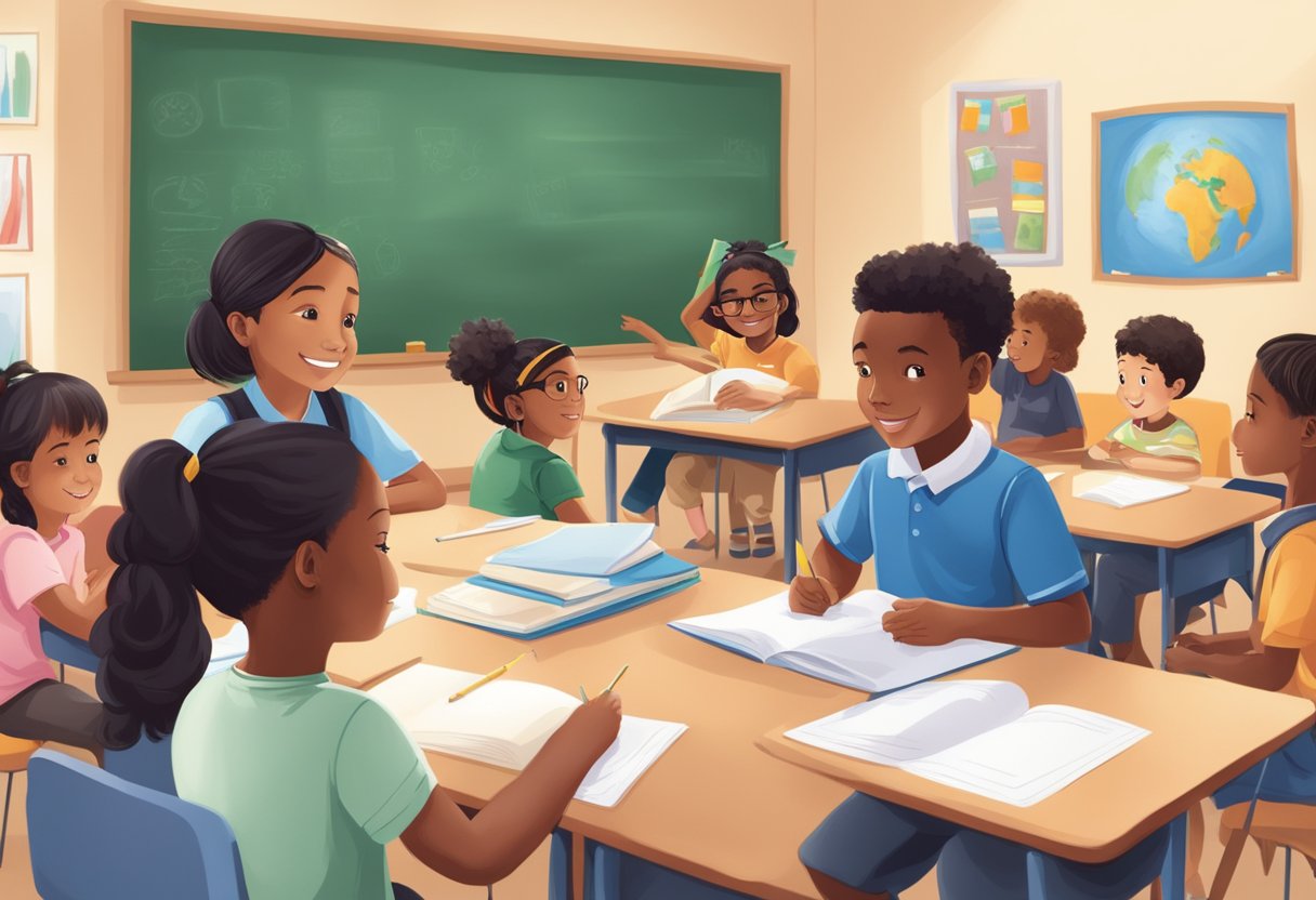 A diverse group of young students engage in cultural activities and language learning in a classroom setting