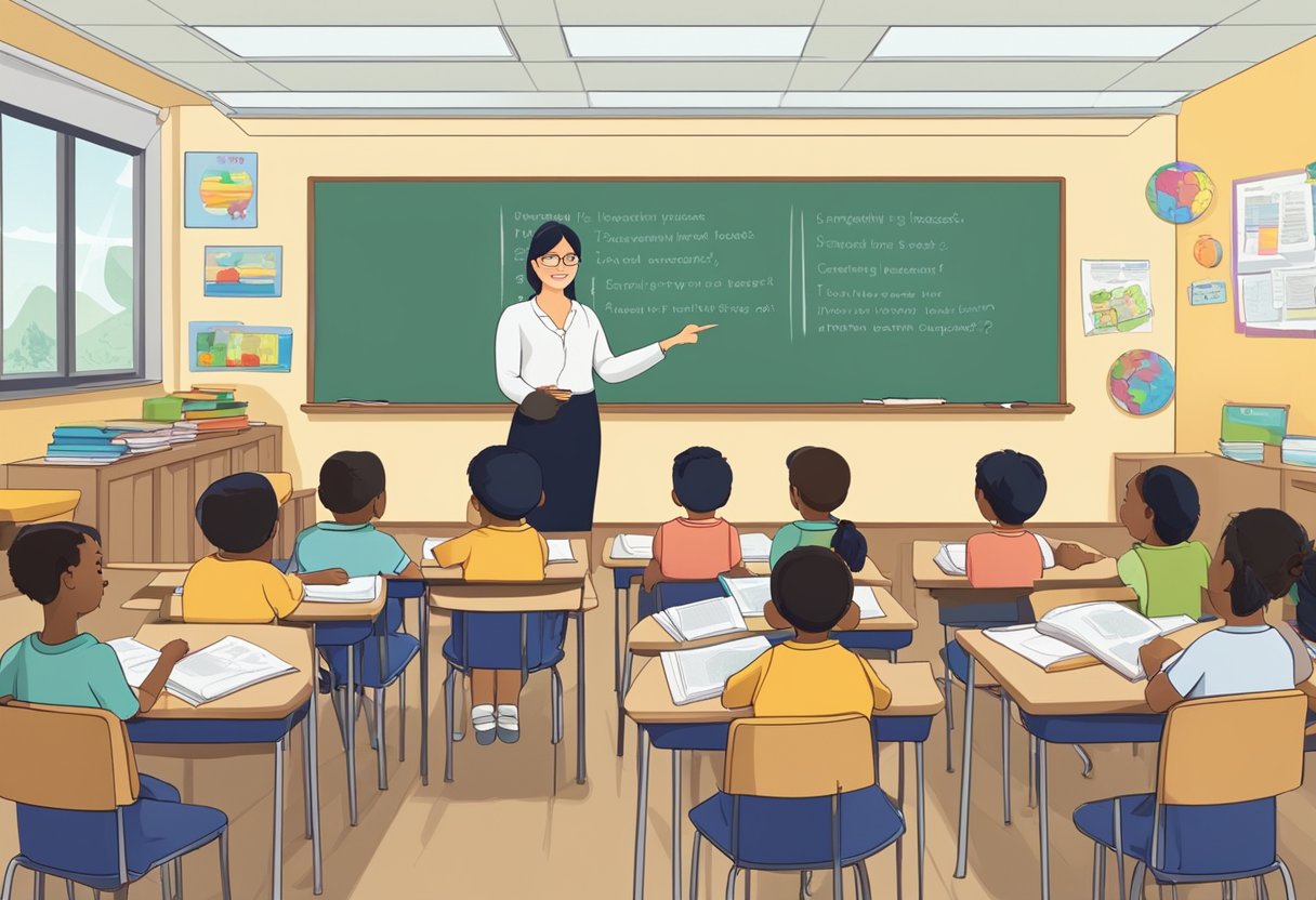 A primary school classroom with a teacher at the front, pointing to a board with "Frequently Asked Questions ESL resources" displayed. Books and educational materials are scattered around the room