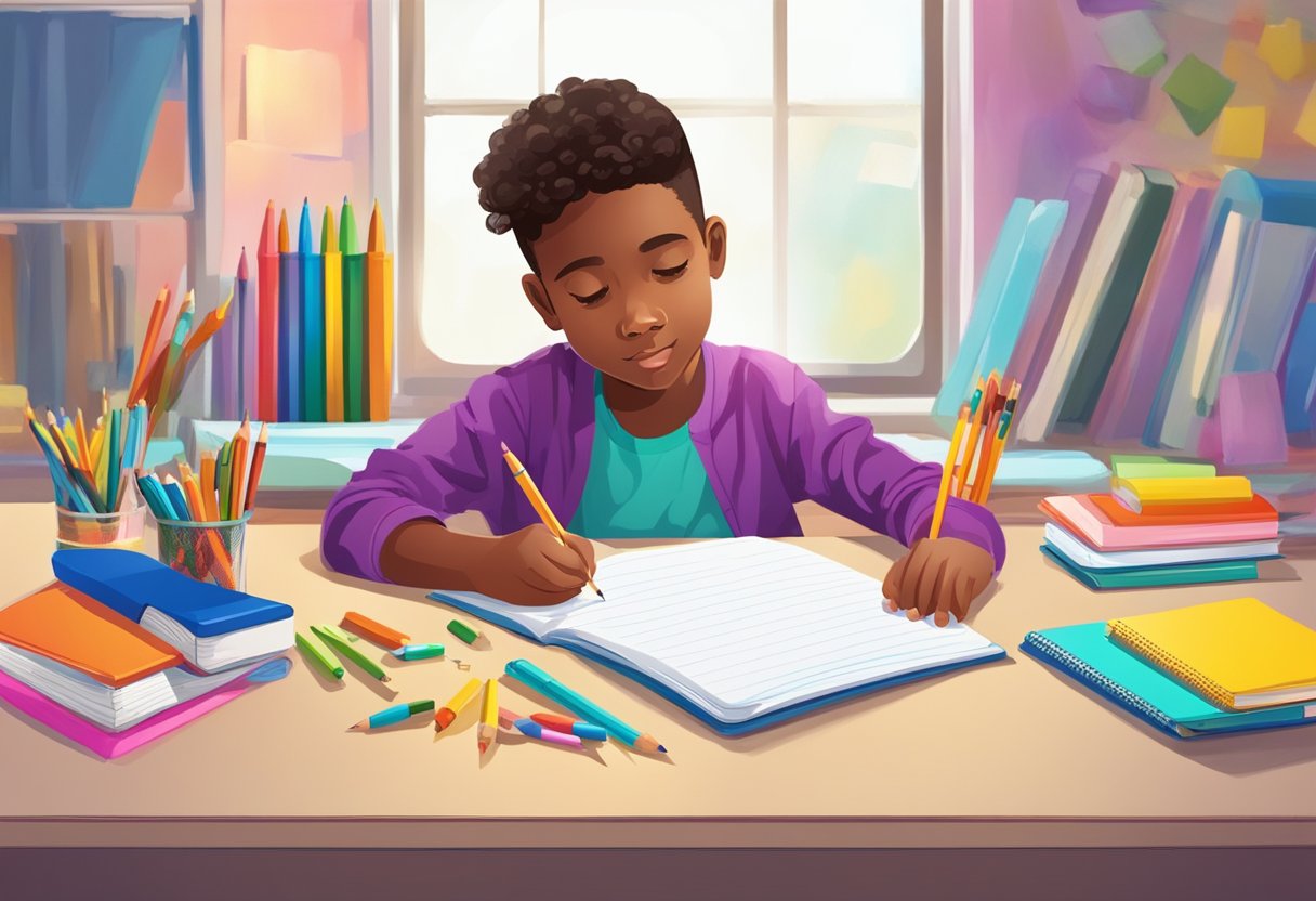 KS2 Creative Writing Resource Packs: Sparking Young Imaginations in the Classroom Creative Writing Resource,KS2,classroom LearningMole A child sits at a desk, surrounded by colorful writing supplies. They are focused on their notebook, brainstorming ideas for a creative writing assignment