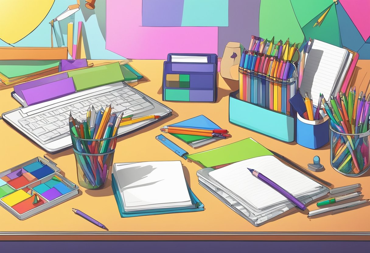 KS2 Creative Writing Resource Packs: Sparking Young Imaginations in the Classroom Creative Writing Resource,KS2,classroom LearningMole A child's desk with various writing tools, including pens, pencils, and notebooks, surrounded by colorful posters of different writing genres