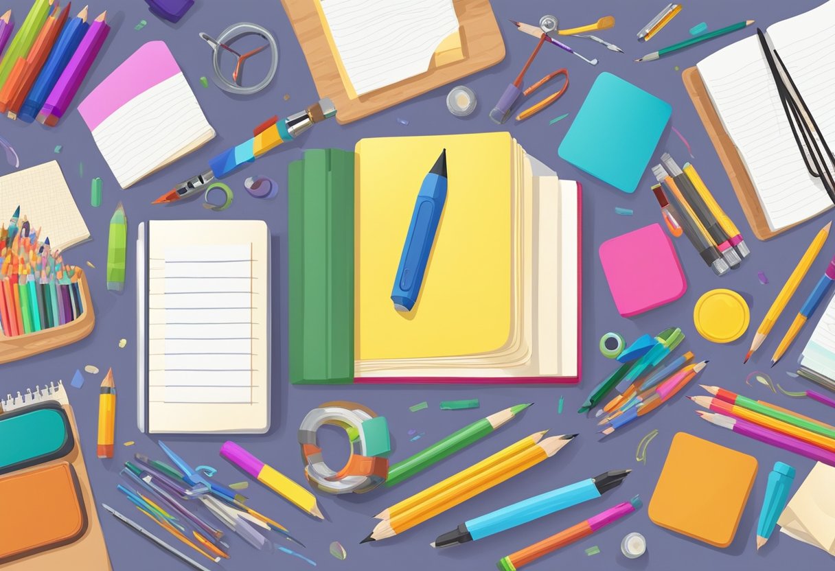 KS2 Creative Writing Resource Packs: Sparking Young Imaginations in the Classroom Creative Writing Resource,KS2,classroom LearningMole A colorful array of writing materials and tools spread across a desk, including pencils, markers, paper, and a variety of sensory aids