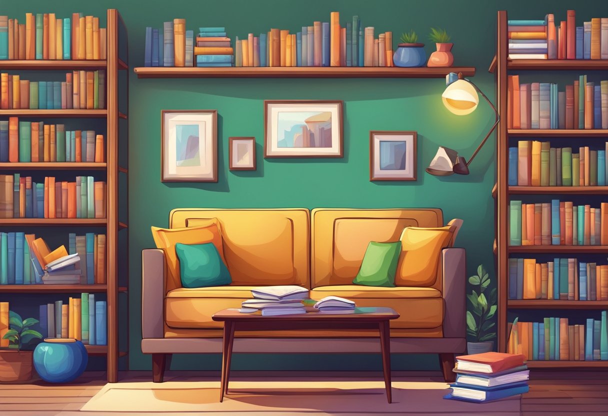 KS2 Creative Writing Resource Packs: Sparking Young Imaginations in the Classroom Creative Writing Resource,KS2,classroom LearningMole A colorful bookshelf with various books, a cozy reading nook with a comfy chair, and a writing desk with pens and paper