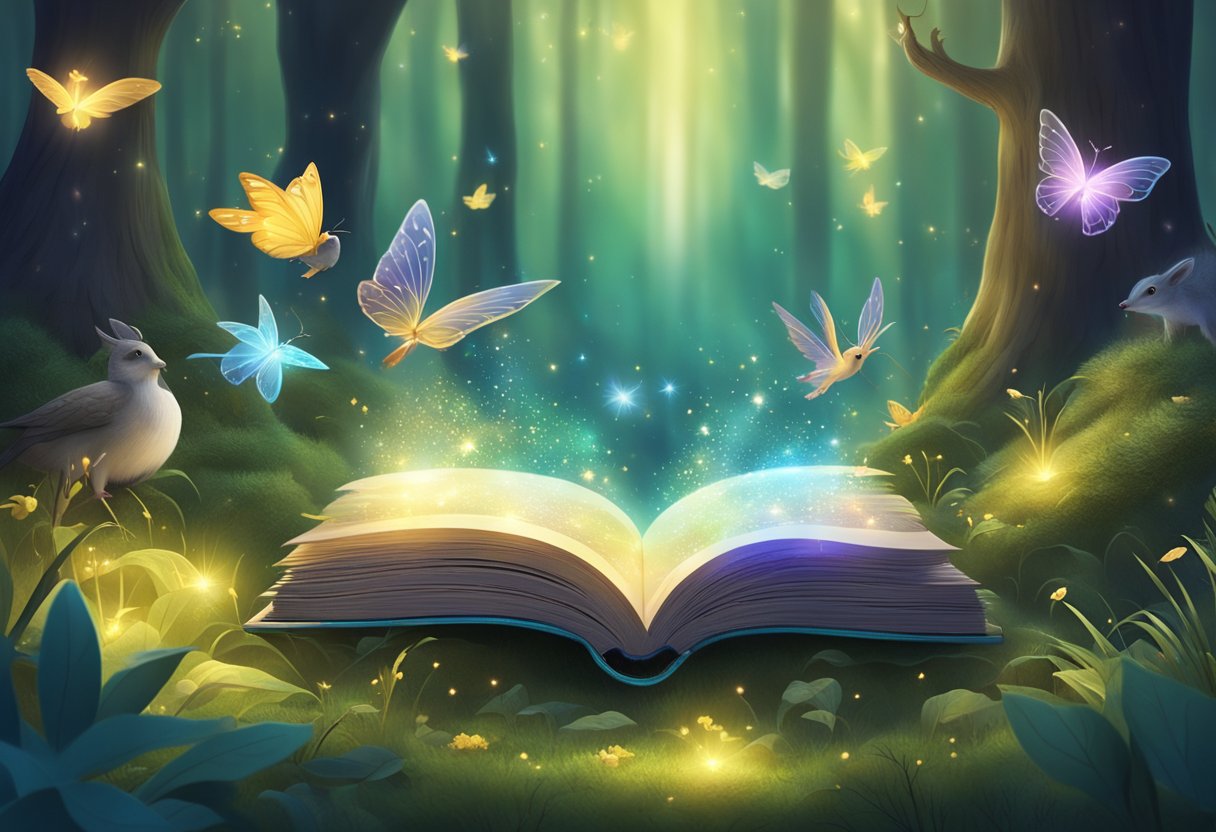 A magical book floating in a glowing forest, surrounded by talking animals and sparkling fairies