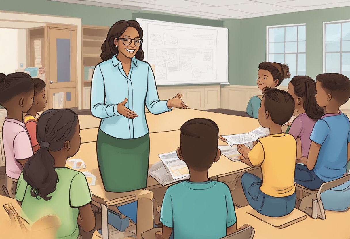 An educator leading a group of engaged students through an interactive storytelling activity, using props and visuals to bring the story to life