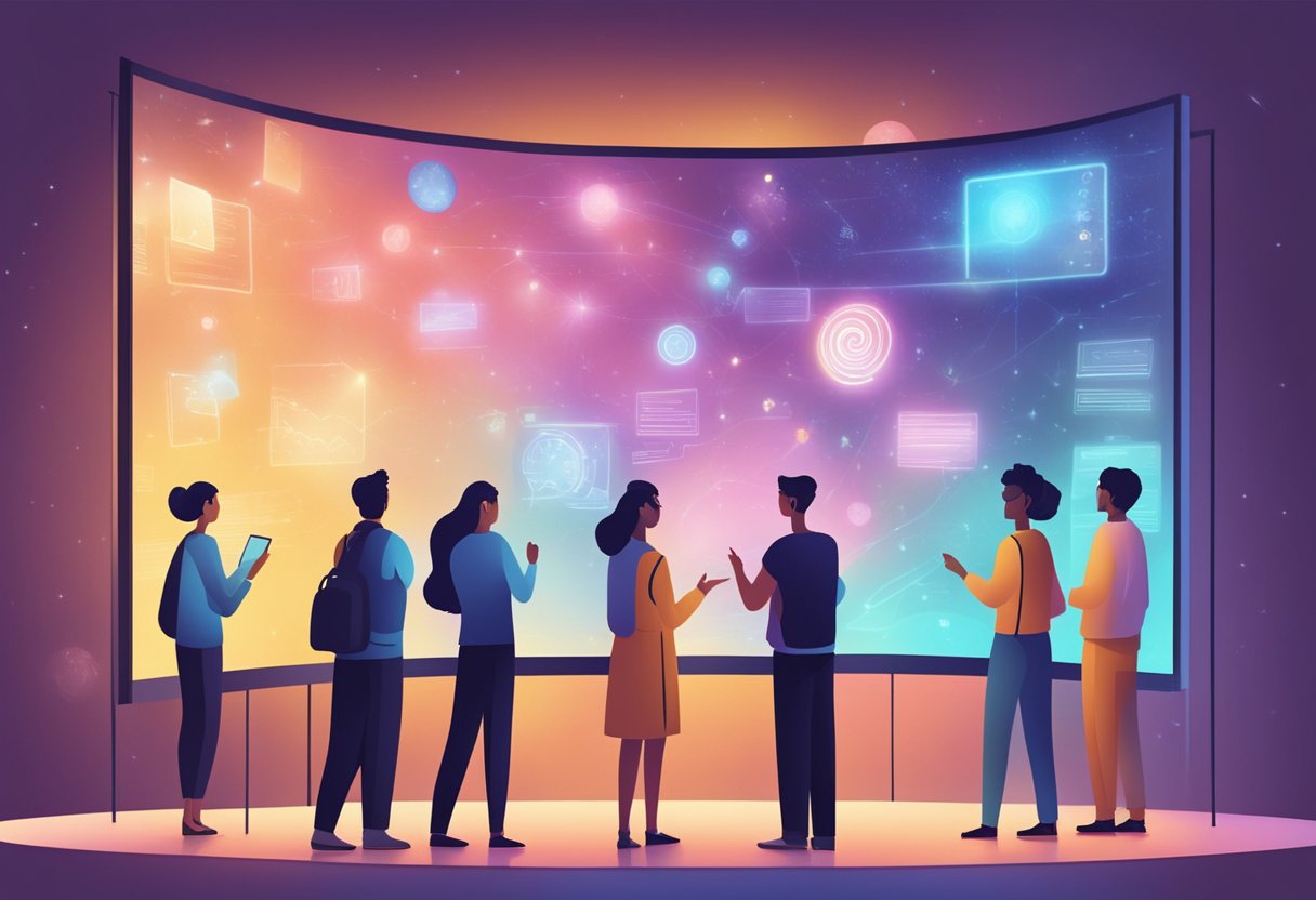 A group of people gathered around a glowing screen, interacting with various story elements projected in the air