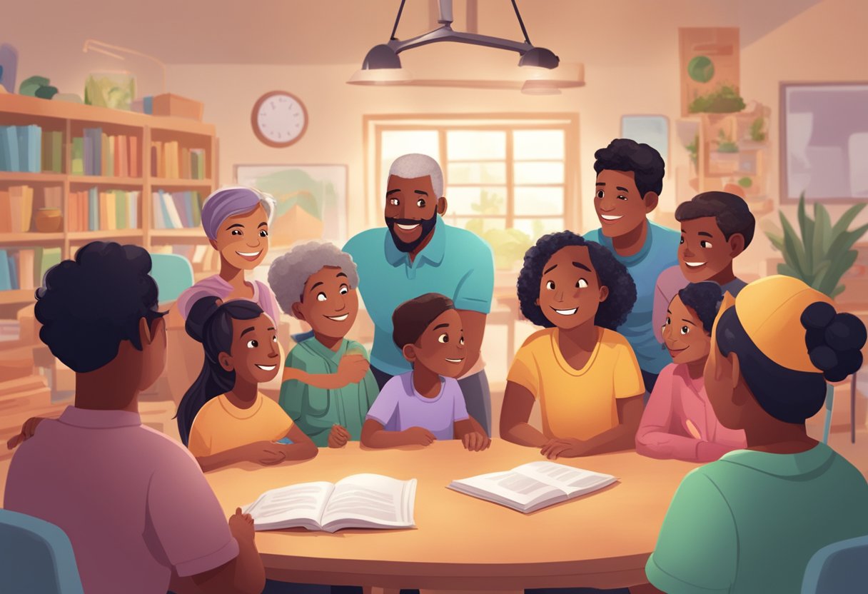 A group of diverse characters engaging in interactive storytelling with parents and community members