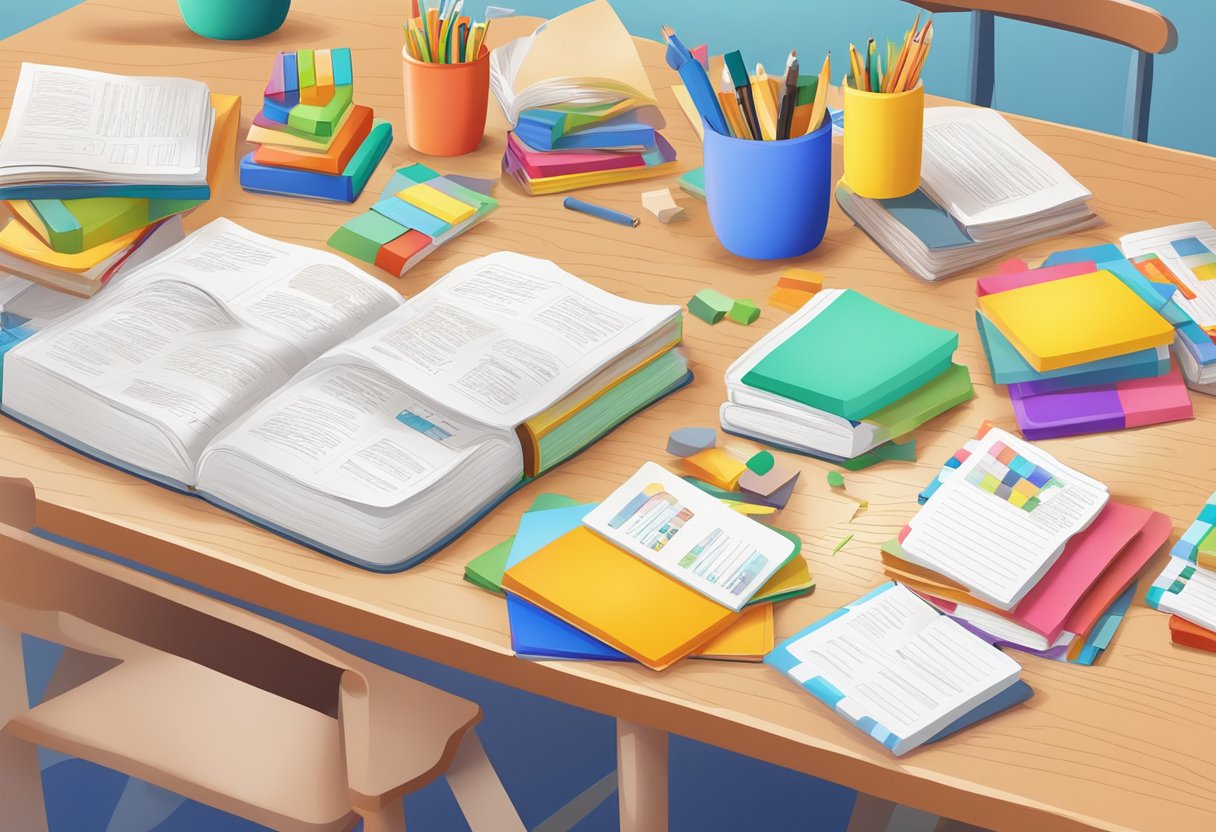 A colorful set of language-learning resource packs displayed on a table, with books, flashcards, and audio materials, inviting children to continue practicing at home