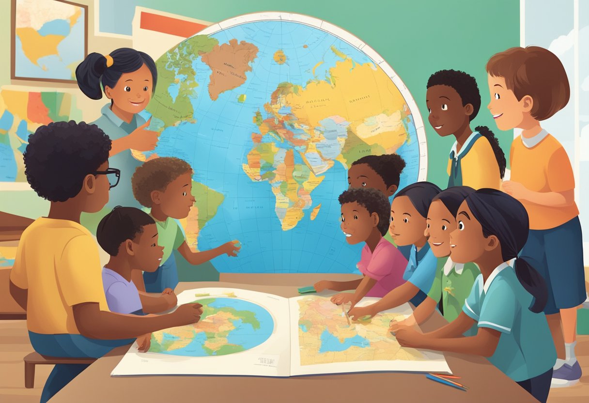Human Rights Education: Resources for Primary Students Human Rights LearningMole A diverse group of children gather around a teacher, pointing to a world map and various educational materials about human rights