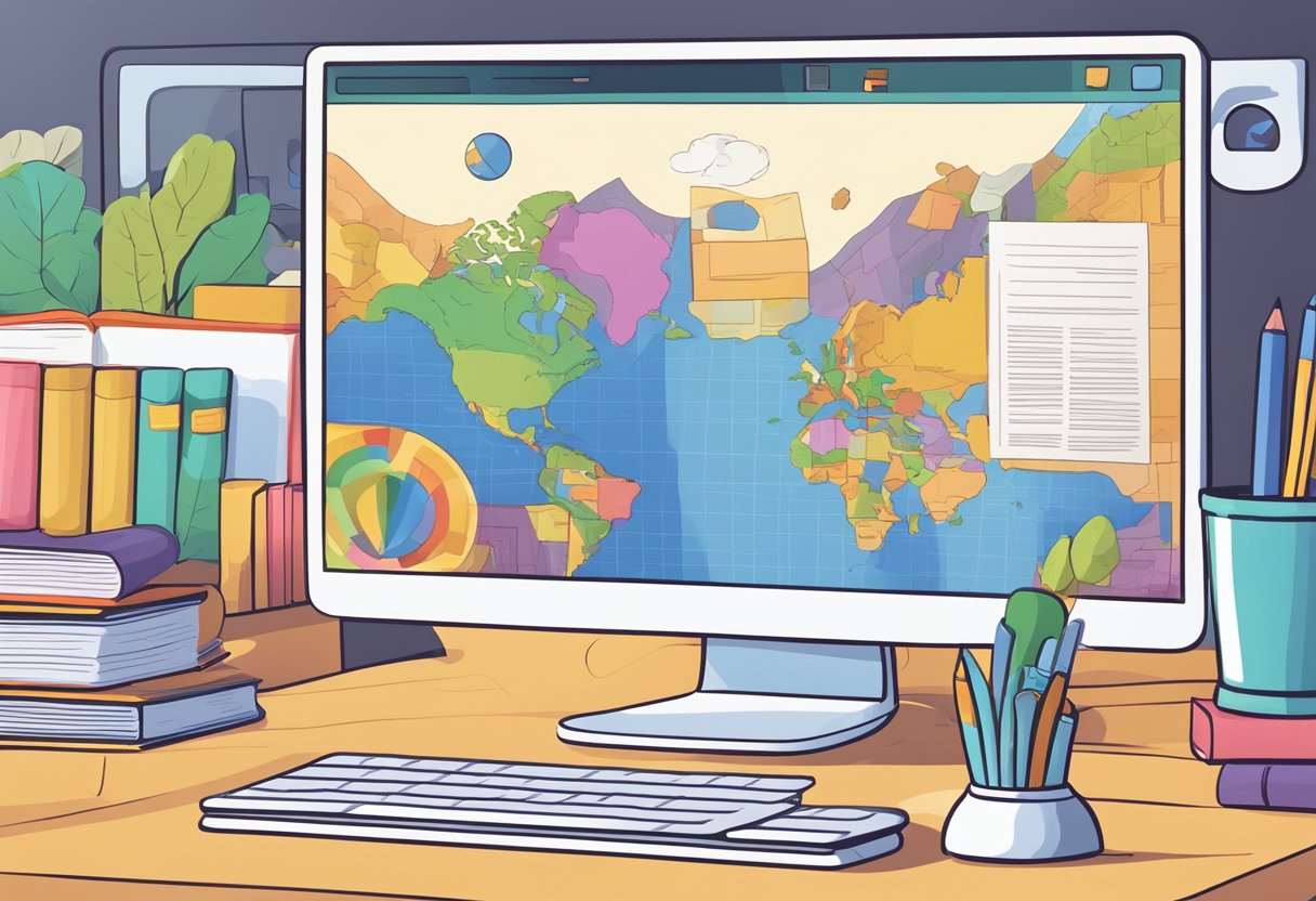 Primary School Resources for Virtual Field Trips Virtual Field Trips LearningMole A computer screen displaying a virtual field trip with colorful images, maps, and interactive activities, surrounded by books and educational materials