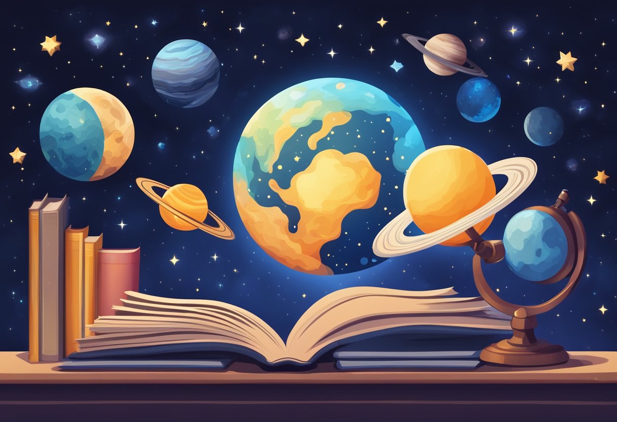 A colorful illustration of a night sky filled with stars, planets, and a bright moon, with a telescope and books on astronomy