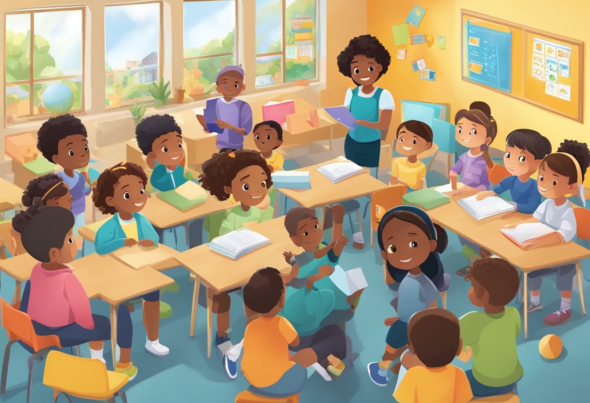 Storytelling Resources: Teaching Primary Mathematics storytelling LearningMole A diverse classroom with children engaged in storytelling-based math activities, using colorful and interactive resources