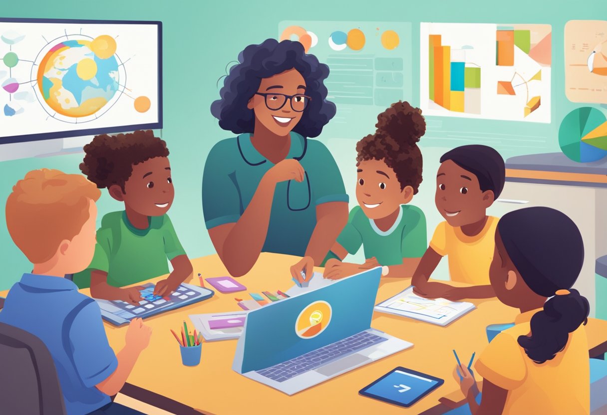 Storytelling Resources: Teaching Primary Mathematics storytelling LearningMole A group of children sit around a teacher as she uses digital storytelling resources to explain mathematical concepts, with colorful visuals and interactive elements