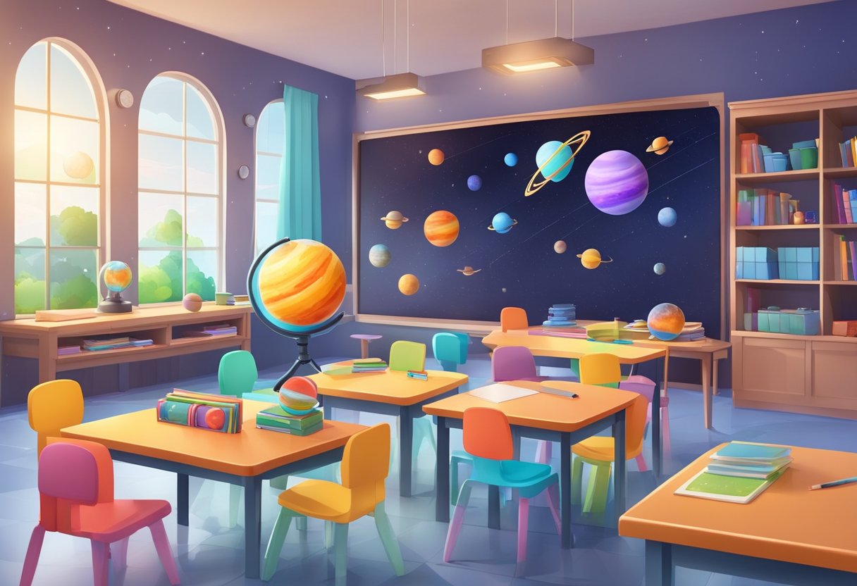 A colorful classroom with lab equipment, models of planets, and interactive learning materials for teaching primary-level astronomy