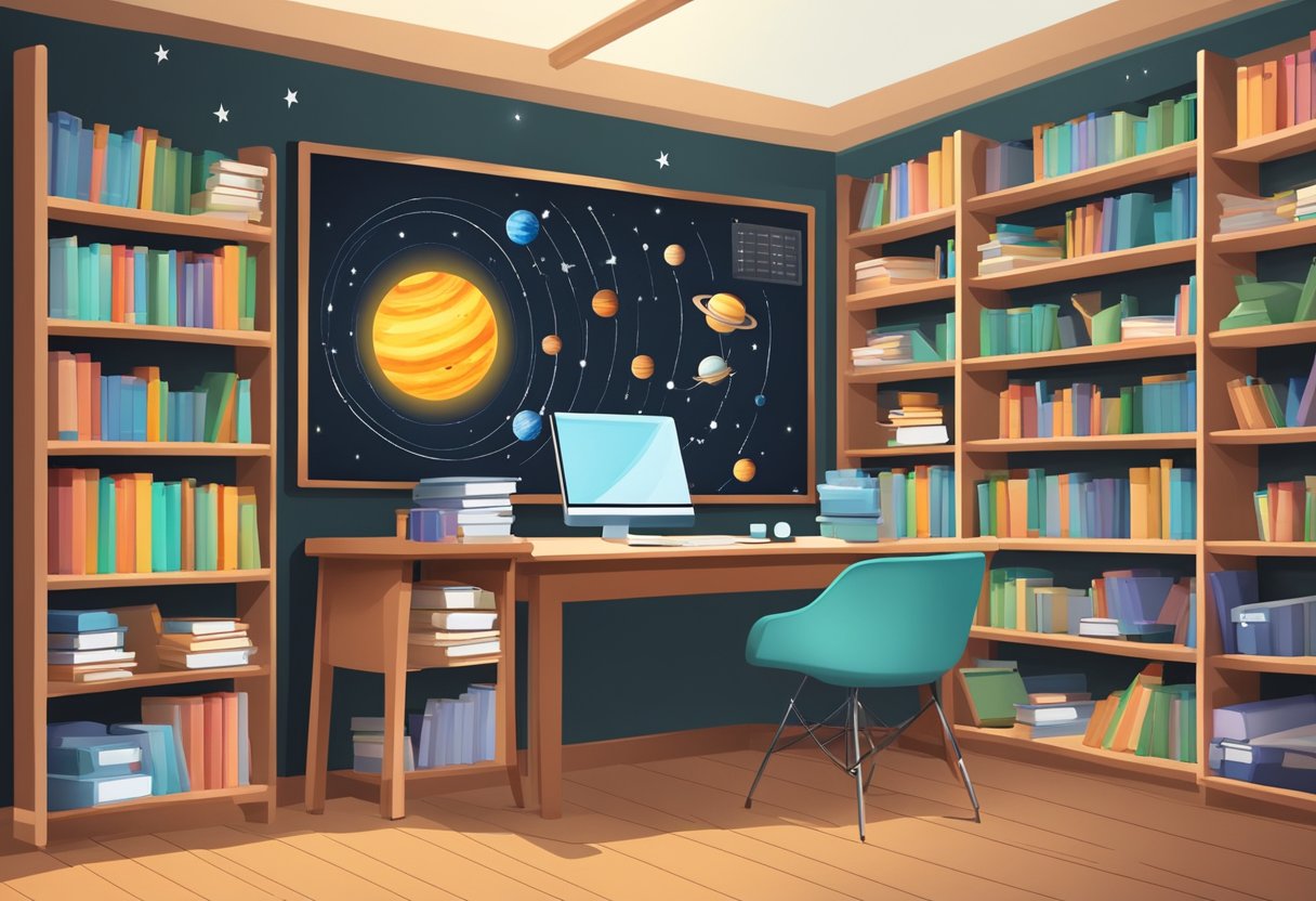 A colorful classroom with a chalkboard displaying a diagram of the solar system, surrounded by shelves of astronomy books and a computer displaying online resources