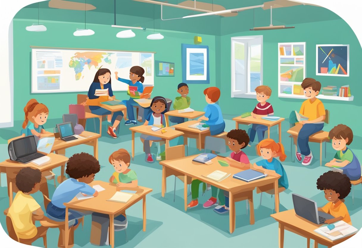 A classroom with children engaged in group activities and discussions about different types of media, including books, television, and the internet