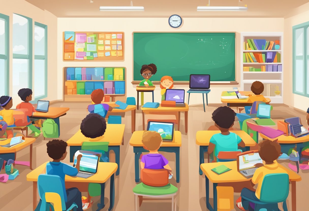 A classroom setting with children engaged in interactive media literacy activities, surrounded by colorful teaching resources and technology tools