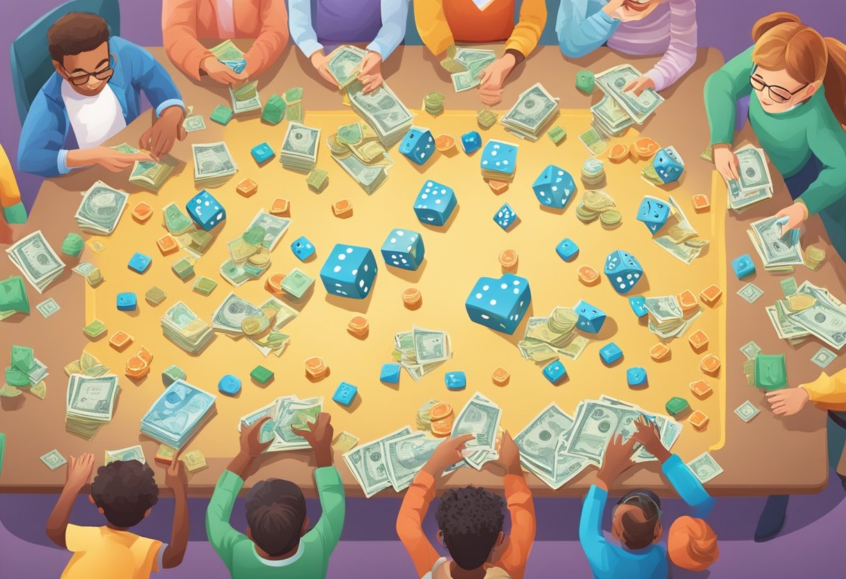 A colorful board game with money, dice, and playing pieces on a table surrounded by children and adults engaged in learning and having fun