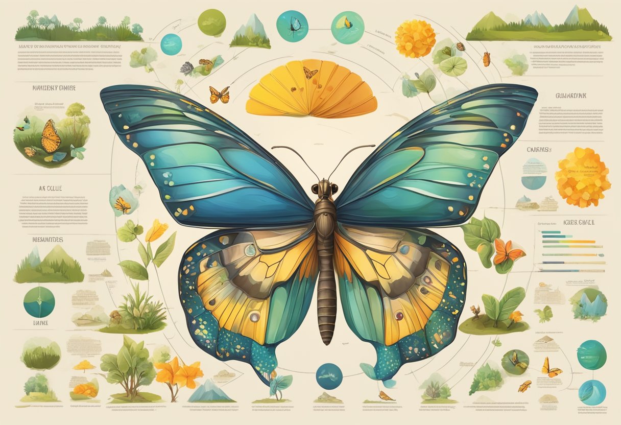 A colorful poster displaying the life cycle of a butterfly, surrounded by books, diagrams, and models of various other animal life cycles