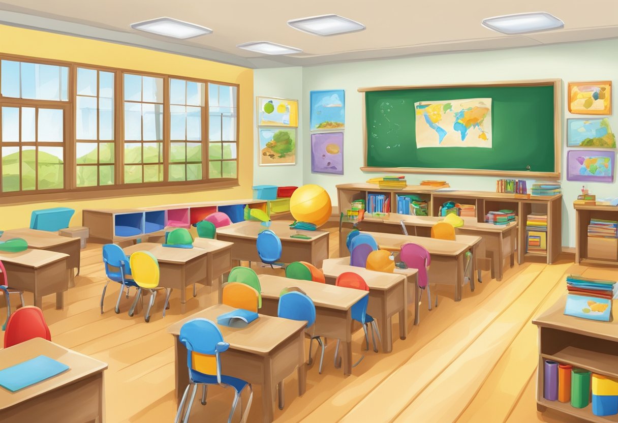 A colorful classroom with diverse visual aids and interactive activities for teaching life cycles at the primary level
