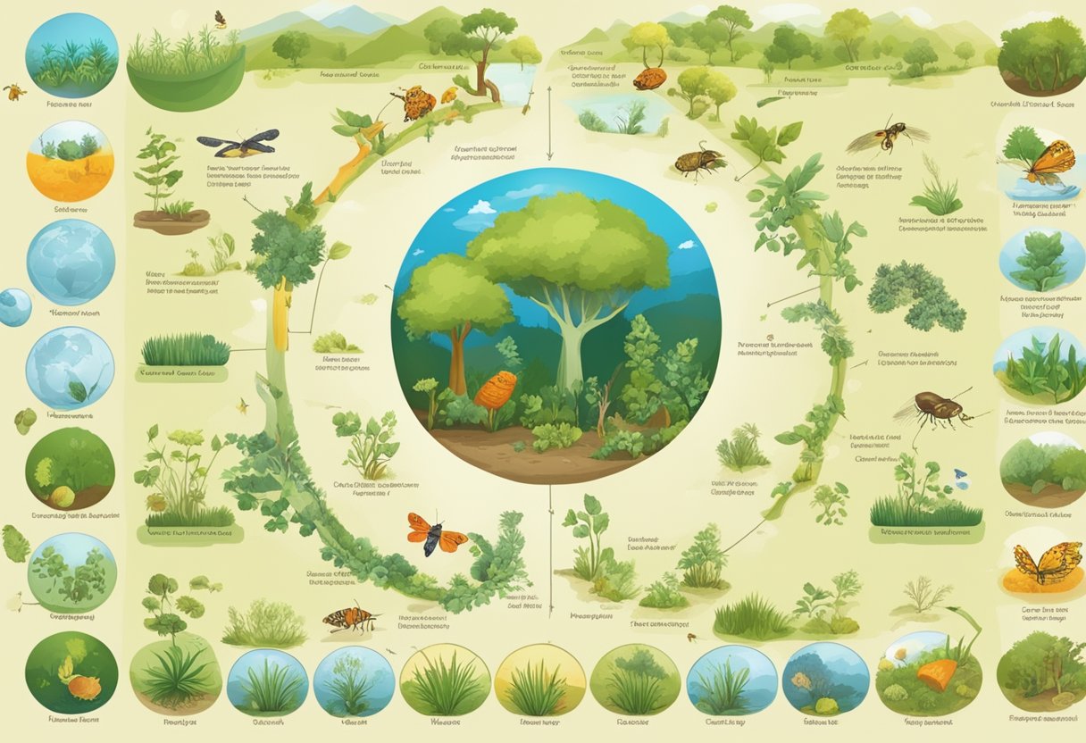 A colorful illustration of various life cycles, including plants, animals, and insects, with clear and labeled stages