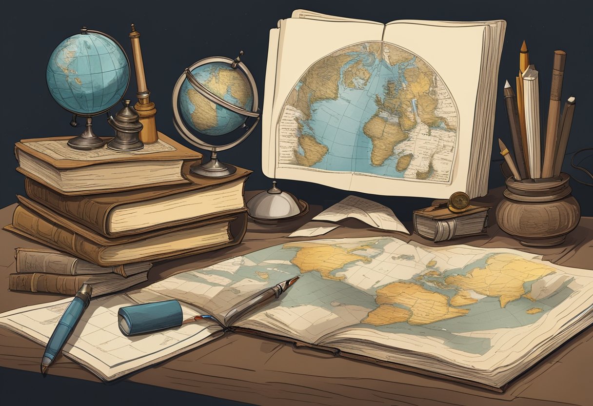 Primary Resources for Teaching Historical Figures: 6 Engaging Materials Teaching historical figures,primary LearningMole A cluttered desk with old books, maps, and artifacts. A globe and a quill pen sit next to an open journal