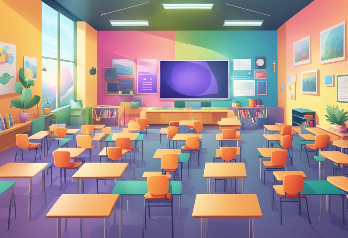 Educational Videos for Primary Classrooms: 5 Engaging Tools Educational Videos,classroom LearningMole A colorful classroom with a large screen showing educational videos, surrounded by small desks and chairs