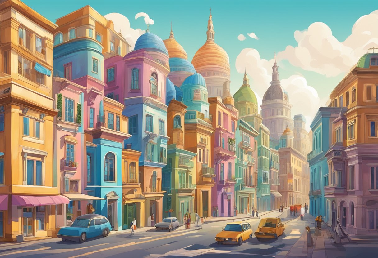 A colorful array of architectural styles, from ancient to modern, displayed in a vibrant cityscape