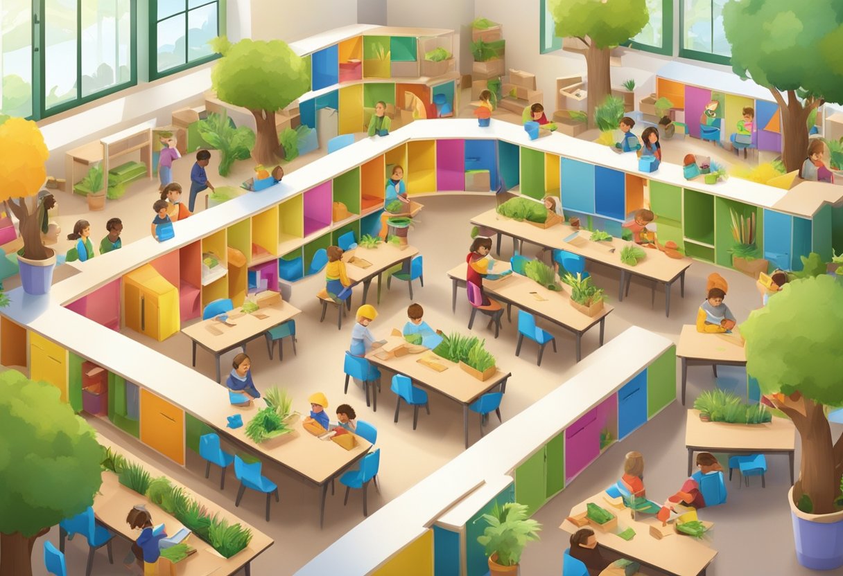 A colorful classroom with children building eco-friendly models using recycled materials and learning about sustainable architecture