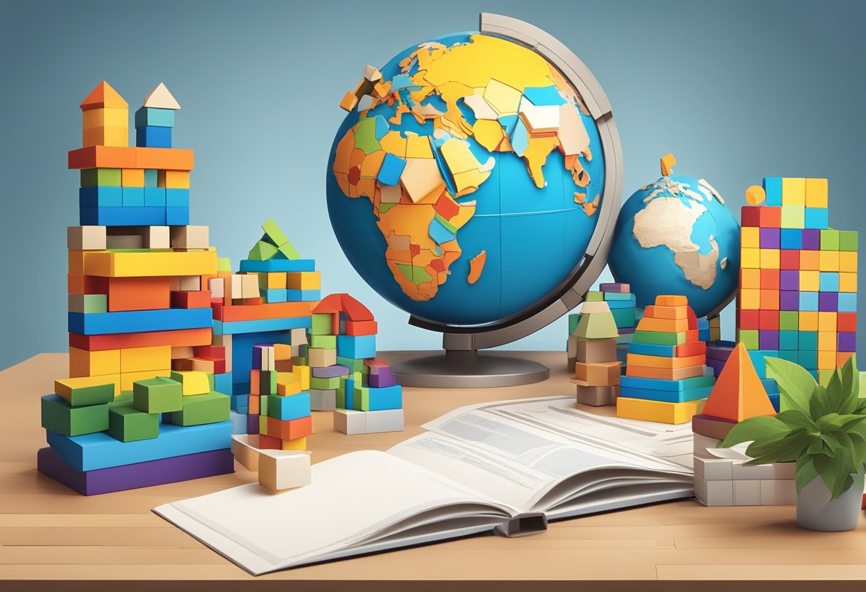 A colorful array of building blocks, blueprints, and educational books arranged on a desk with a globe and architectural models in the background