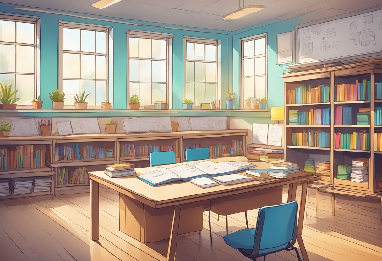 A colorful classroom with architectural models, blueprints, and books on shelves. A teacher's desk with lesson plans and a whiteboard with sketches