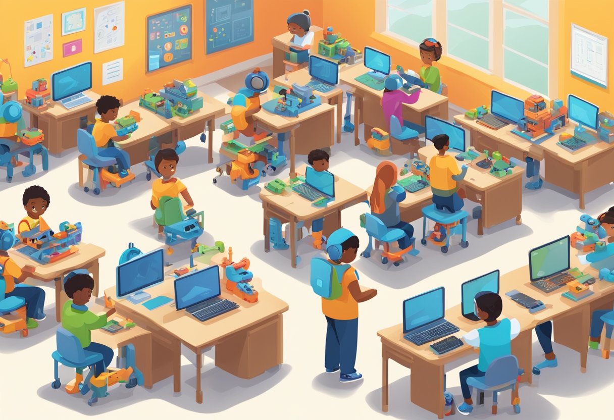 A classroom filled with colorful robotics kits, computers, and interactive activities. Children work in pairs, building and programming robots while a teacher guides them