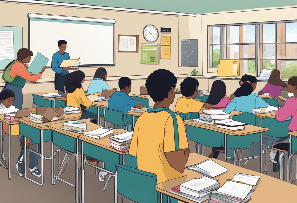 KS2 Debate Preparation Resource Packs: Essential Tools for Young Speakers KS2 Debate Preparation,debating,ks2 LearningMole A classroom with students gathering debate resource packs, books, and papers, preparing for a debate unit