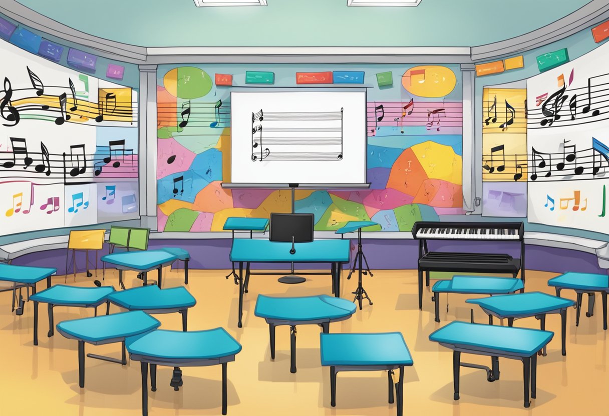 Interactive Music Theory Resources: Fun Ways to Engage Young Learners Music Theory,learners LearningMole A colorful music classroom with a whiteboard displaying key signatures, musical notes, and staff lines. Bright, engaging visuals and interactive resources surround the room