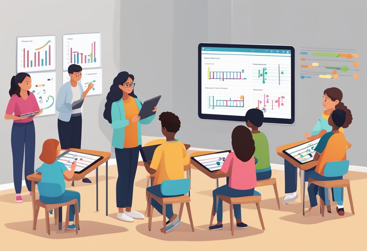 Interactive Music Theory Resources: Fun Ways to Engage Young Learners Music Theory,learners LearningMole A group of young learners interact with digital music theory resources on tablets, while a teacher guides the lesson using a smart board