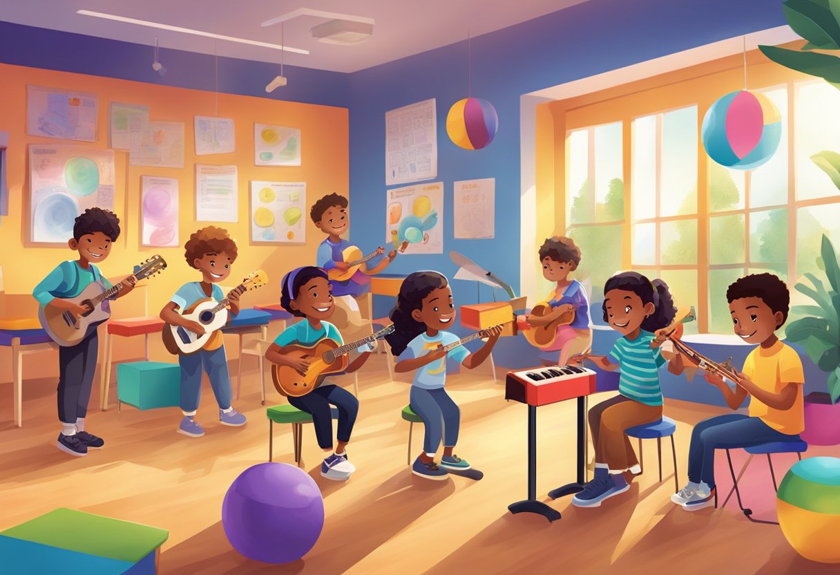 Interactive Music Theory Resources: Fun Ways to Engage Young Learners Music Theory,learners LearningMole A group of young students interact with musical instruments and colorful learning materials in a vibrant and engaging classroom setting