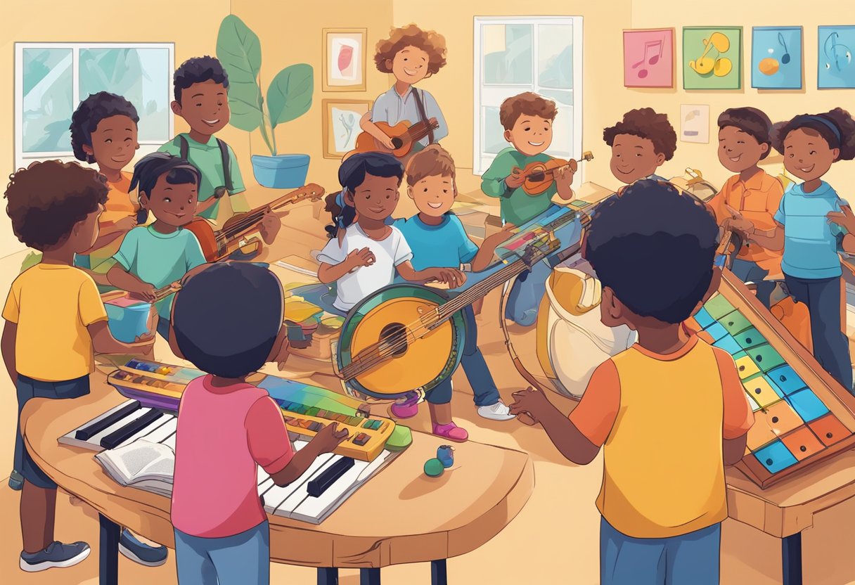 Interactive Music Theory Resources: Fun Ways to Engage Young Learners Music Theory,learners LearningMole A colorful music-themed interactive display with various musical instruments and symbols, surrounded by young learners engaging with the interactive resources